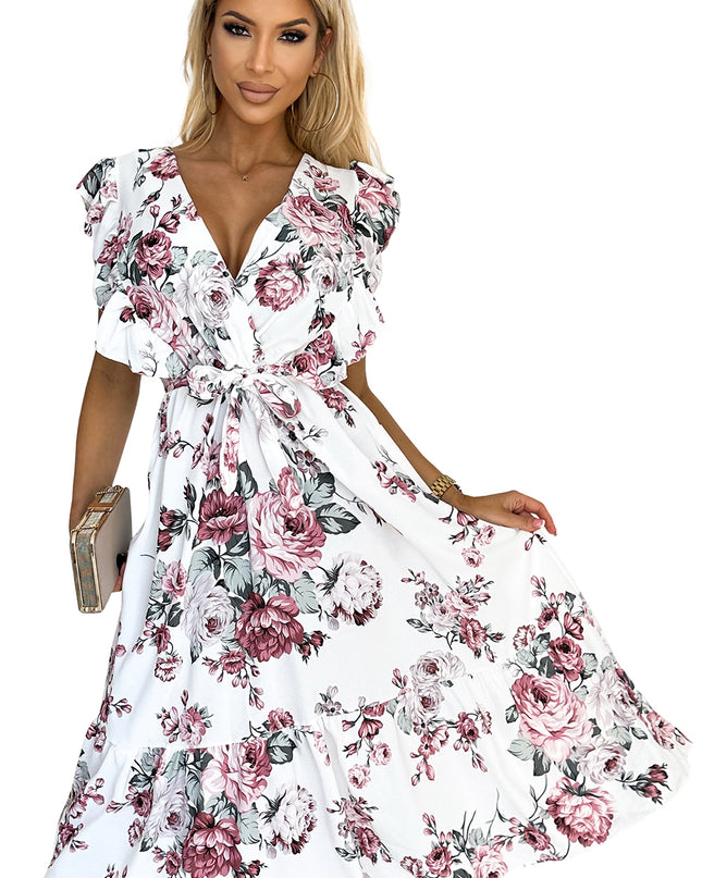 GABRIELLA Kleid mit Rüschen, Ausschnitt und Bindung – weiß mit burgunderfarbenen Rosen by numoco basic