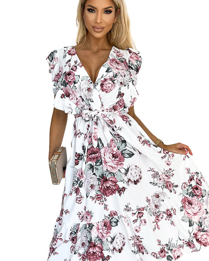 GABRIELLA Kleid mit Rüschen, Ausschnitt und Bindung – weiß mit burgunderfarbenen Rosen by numoco basic