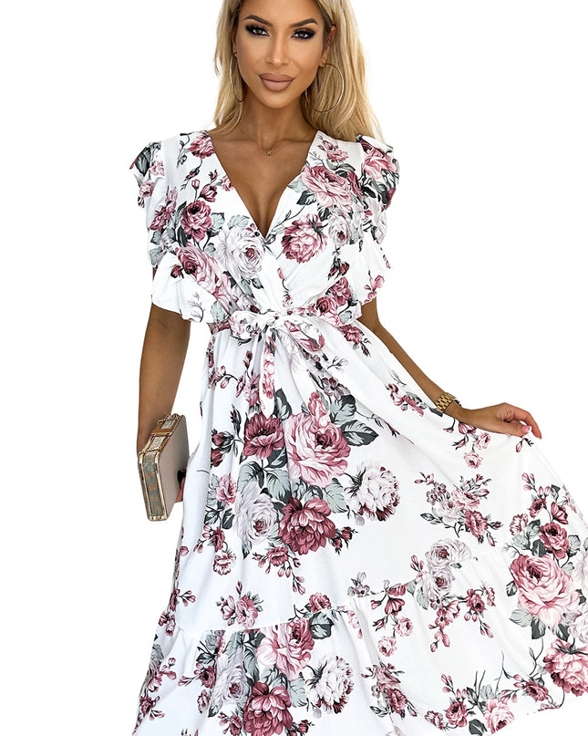 GABRIELLA Kleid mit Rüschen, Ausschnitt und Bindung – weiß mit burgunderfarbenen Rosen by numoco basic