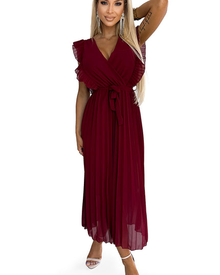 18241-7-469-1 Plissiertes Kleid mit Rüschen, Ausschnitt und Gürtel - Burgunderrot-7