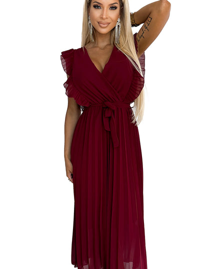 18241-8-469-1 Plissiertes Kleid mit Rüschen, Ausschnitt und Gürtel - Burgunderrot-8