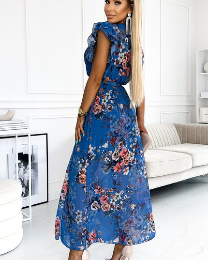 ARIA Langes Kleid mit Ausschnitt und kurzen Ärmeln - blau mit Blumen by numoco basic