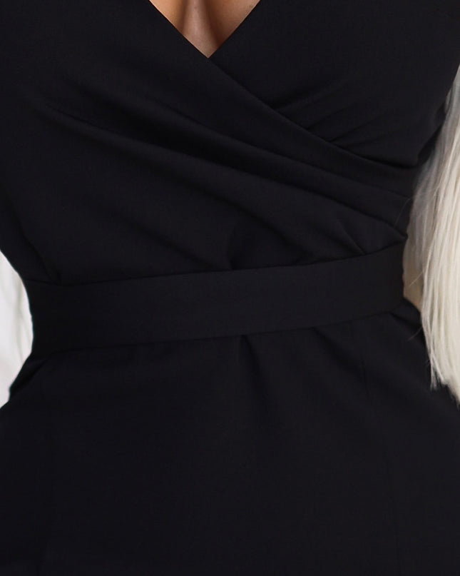 19748-6-NINA elegantes Kleid mit Umschlagausschnitt, Ärmeln und Gürtel – schwarz-6