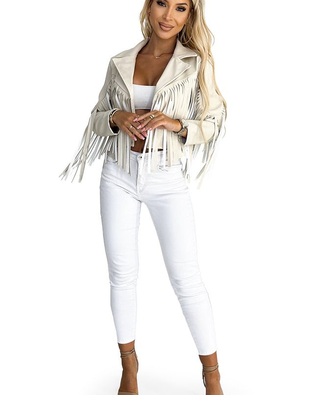 20539-6-Kurze Jacke mit Fransen aus weichem Öko-Leder – Beige-6