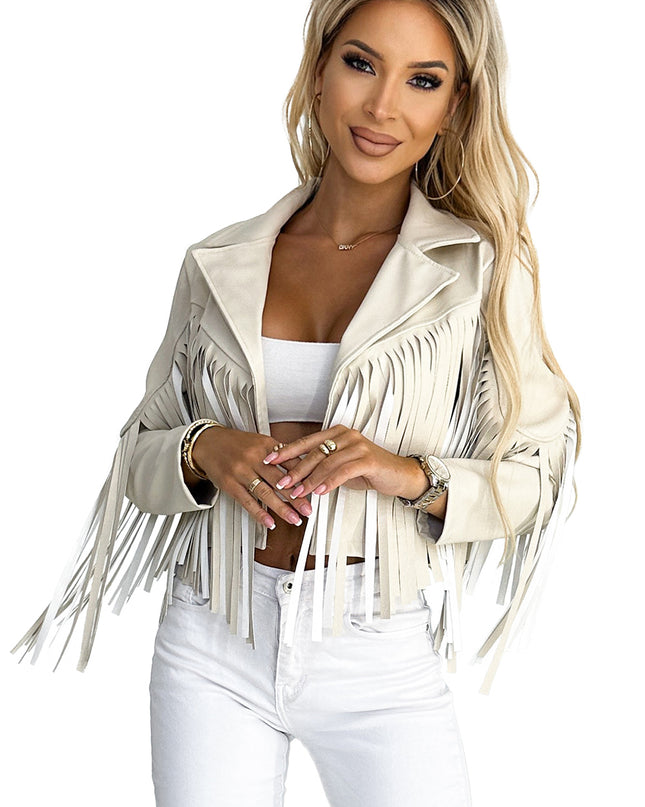 20539-7-Kurze Jacke mit Fransen aus weichem Öko-Leder – Beige-7