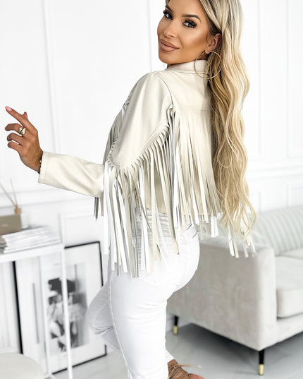 20539-3-Kurze Jacke mit Fransen aus weichem Öko-Leder – Beige-3
