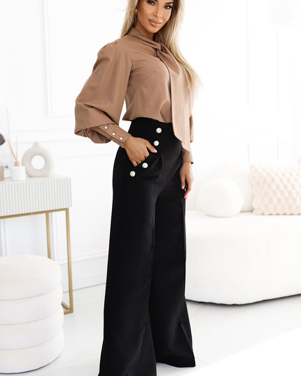 19773-4-496-2 Elegante weite Hose mit hoher Taille und goldenen Knöpfen - Schwarz-4