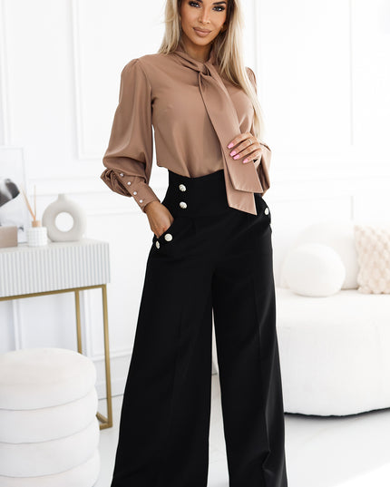 19773-1-496-2 Elegante weite Hose mit hoher Taille und goldenen Knöpfen - Schwarz-1