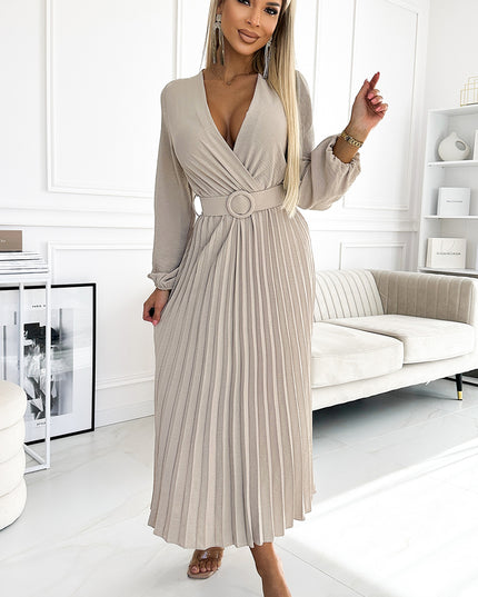 18590-1-504-2 VIVIANA Plissee-Midikleid mit Ausschnitt, langen Ärmeln und breitem Gürtel - beige Farbe-1
