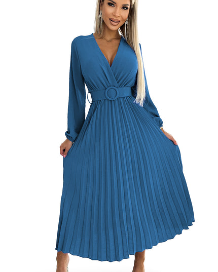 18893-7-504-5 VIVIANA Plissee-Midikleid mit Ausschnitt, langen Ärmeln und breitem Gürtel – JEANS-7