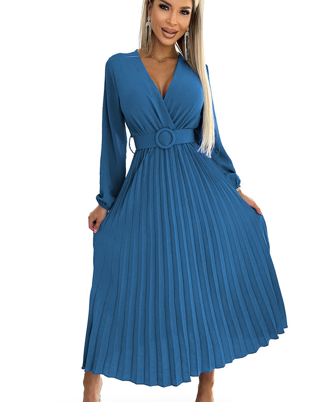 18893-7-504-5 VIVIANA Plissee-Midikleid mit Ausschnitt, langen Ärmeln und breitem Gürtel – JEANS-7