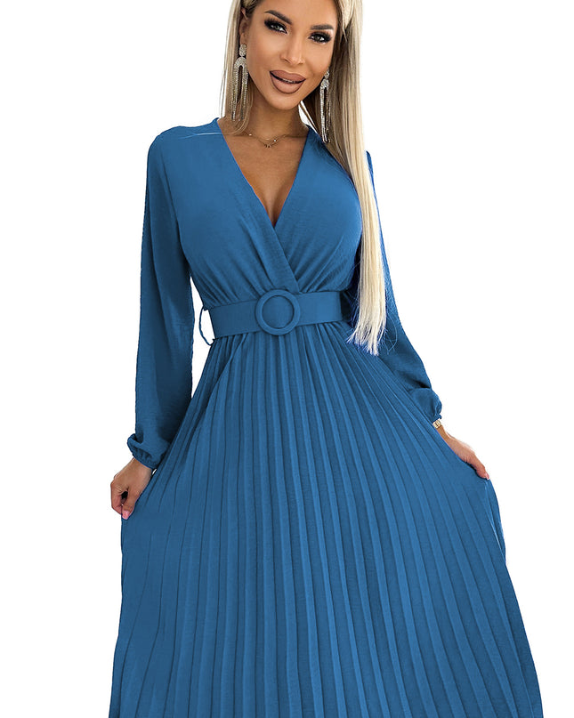 18893-8-504-5 VIVIANA Plissee-Midikleid mit Ausschnitt, langen Ärmeln und breitem Gürtel – JEANS-8