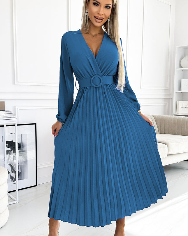 18893-1-504-5 VIVIANA Plissee-Midikleid mit Ausschnitt, langen Ärmeln und breitem Gürtel – JEANS-1