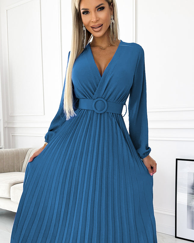 18893-4-504-5 VIVIANA Plissee-Midikleid mit Ausschnitt, langen Ärmeln und breitem Gürtel – JEANS-4