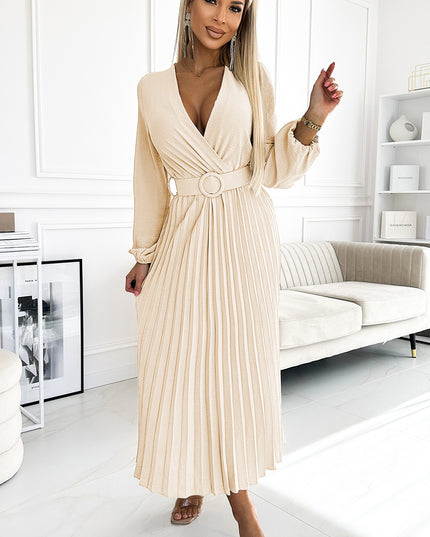 20010-3-VIVIANA Plissiertes Midikleid mit U-Ausschnitt, langen Ärmeln und breitem Gürtel - Hellbeige-3