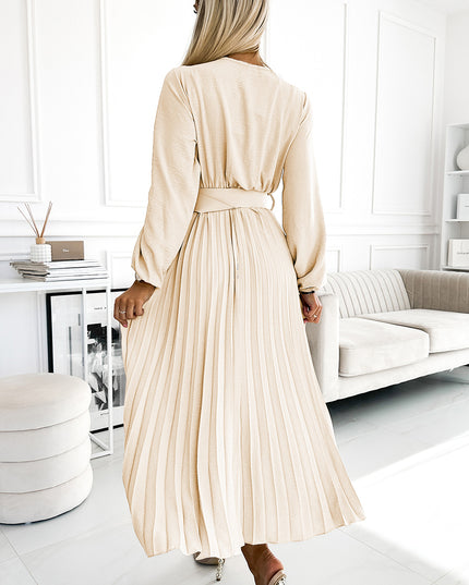 20010-2-VIVIANA Plissiertes Midikleid mit U-Ausschnitt, langen Ärmeln und breitem Gürtel - Hellbeige-2