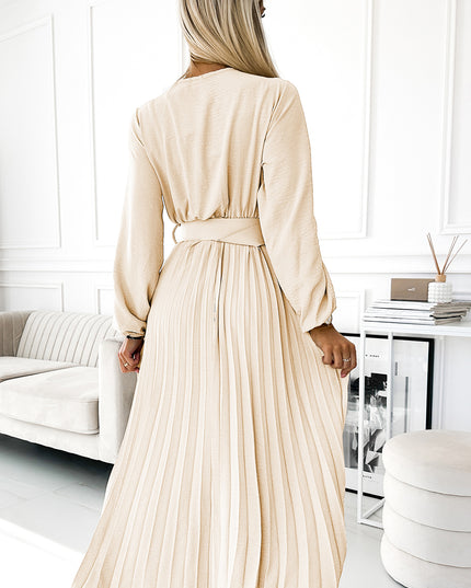 20010-4-VIVIANA Plissiertes Midikleid mit U-Ausschnitt, langen Ärmeln und breitem Gürtel - Hellbeige-4