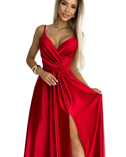 18852-10-512-5 JULIET elegantes langes Satinkleid mit Ausschnitt und Beinschlitz - rot-10