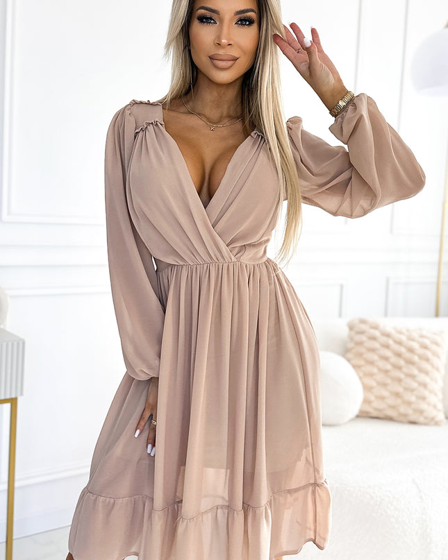 19109-2-538-1 MILA Chiffon-Midikleid mit langen Ärmeln und Ausschnitt – beige Farbe-2