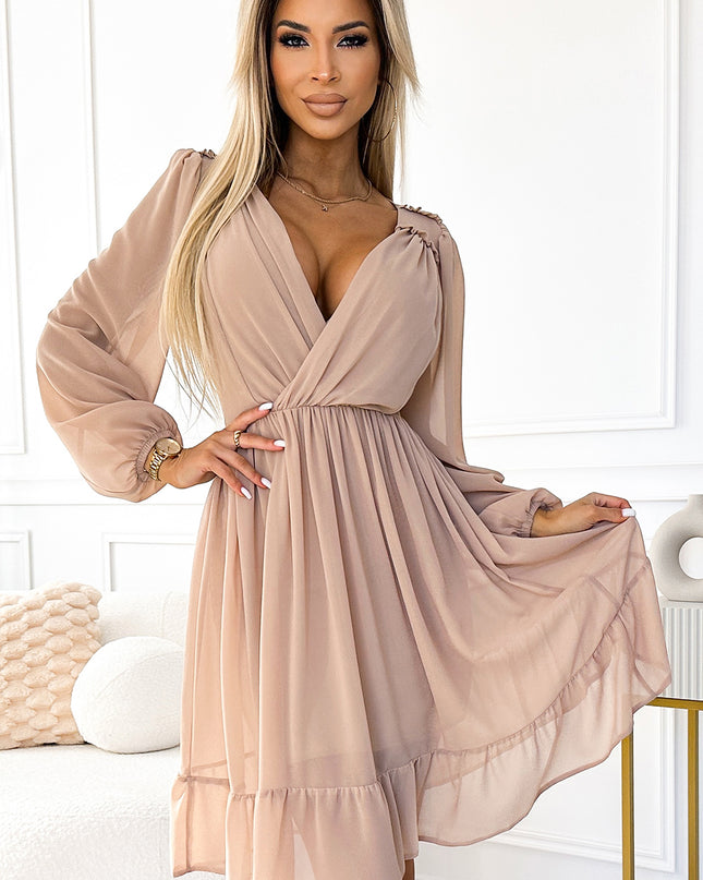 19109-1-538-1 MILA Chiffon-Midikleid mit langen Ärmeln und Ausschnitt – beige Farbe-1