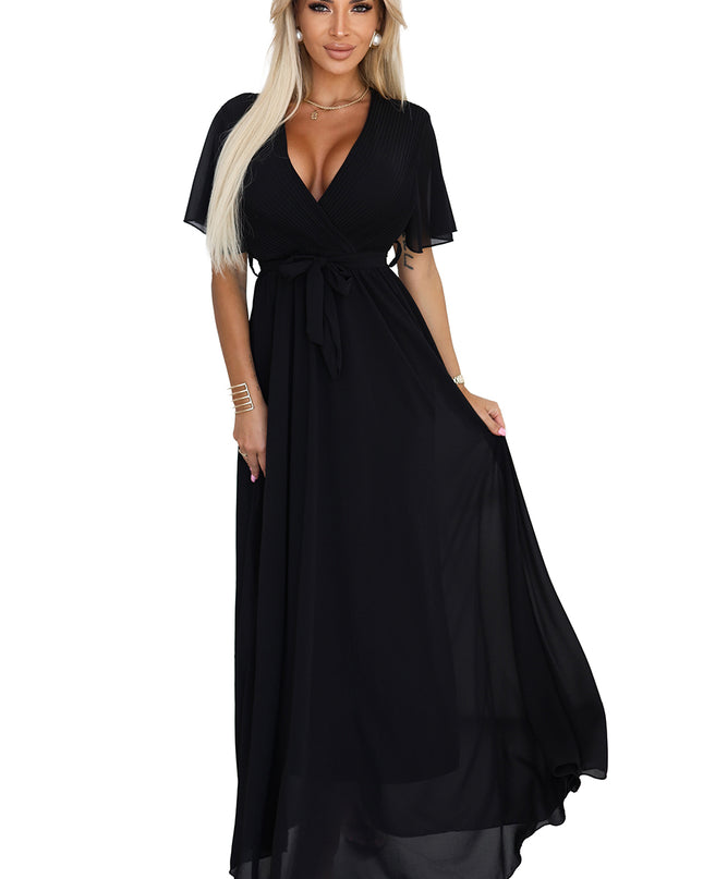 20677-9-Langes Kleid mit plissiertem Ausschnitt und Schleife - schwarz-9