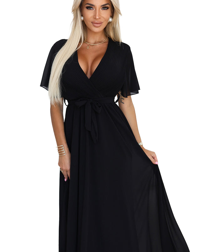 20677-10-Langes Kleid mit plissiertem Ausschnitt und Schleife - schwarz-10