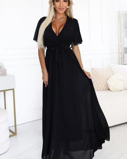 20677-1-Langes Kleid mit plissiertem Ausschnitt und Schleife - schwarz-1