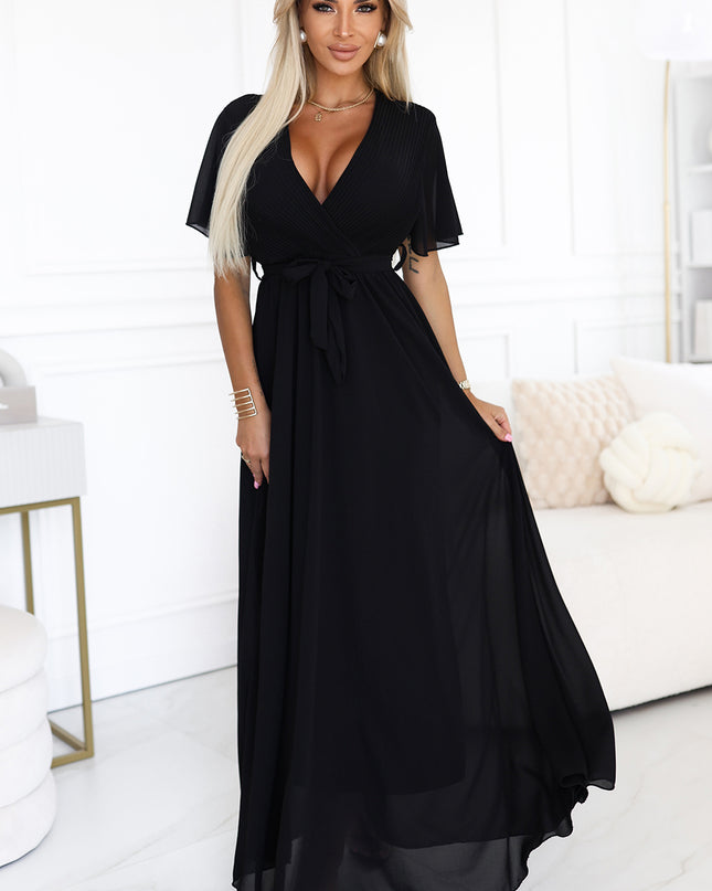 20677-1-Langes Kleid mit plissiertem Ausschnitt und Schleife - schwarz-1