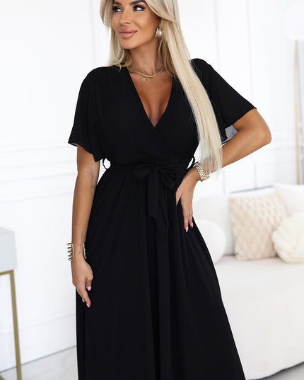 20677-2-Langes Kleid mit plissiertem Ausschnitt und Schleife - schwarz-2