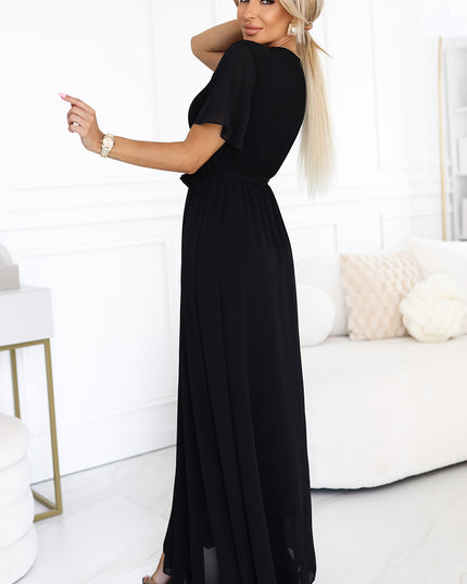 20677-3-Langes Kleid mit plissiertem Ausschnitt und Schleife - schwarz-3