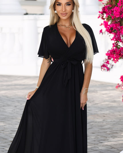 20677-7-Langes Kleid mit plissiertem Ausschnitt und Schleife - schwarz-7