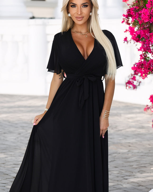 20677-7-Langes Kleid mit plissiertem Ausschnitt und Schleife - schwarz-7