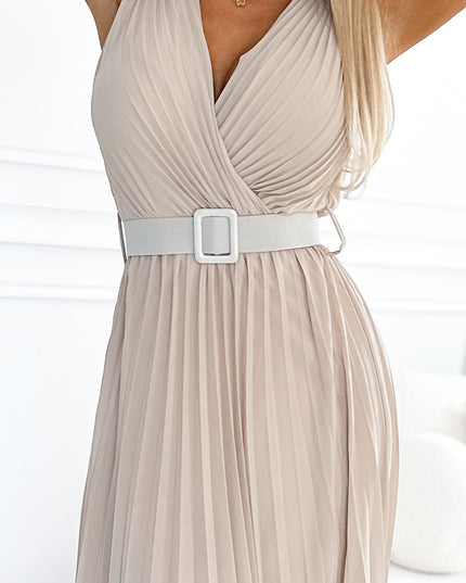 19282-6-546-1 Plissiertes Kleid mit breitem Gürtel und Ausschnitt – Beige-6
