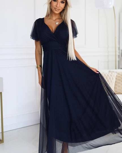 19667-1-562-1 NASTIA Langes Kleid mit Ausschnitt und kurzen Ärmeln - marineblau-1