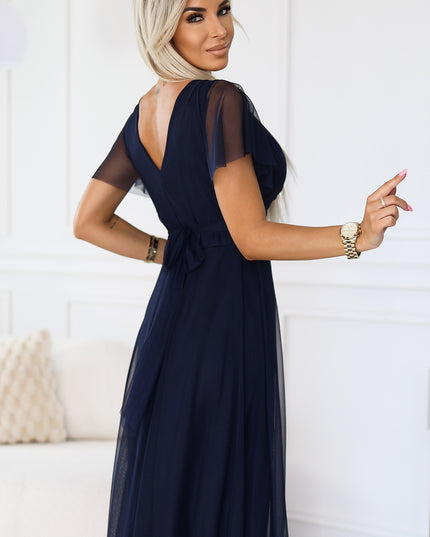 19667-5-562-1 NASTIA Langes Kleid mit Ausschnitt und kurzen Ärmeln - marineblau-5