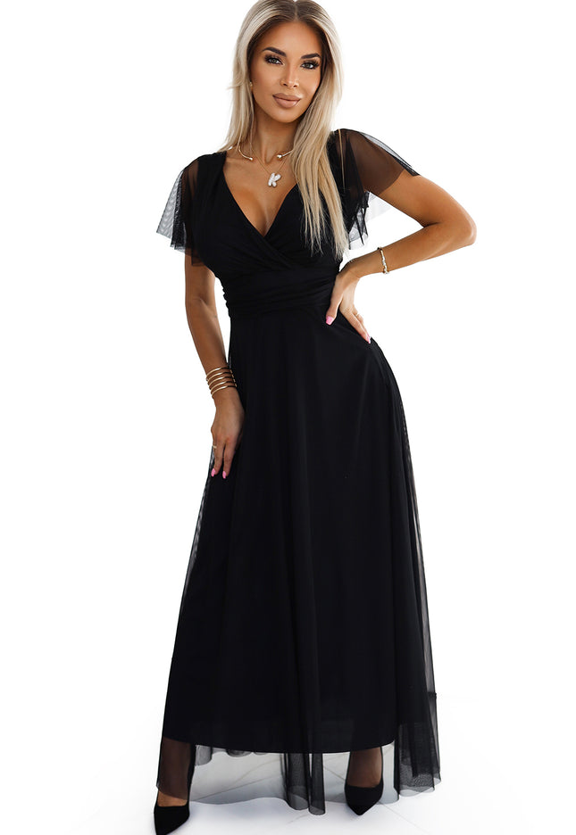 19668-8-562-3 NASTIA Langes Kleid mit Ausschnitt und kurzen Ärmeln - schwarz-8