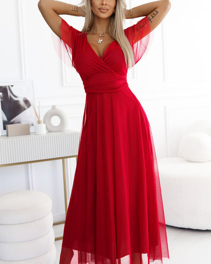 20314-1-NASTIA Langes Kleid mit Ausschnitt und kurzen Ärmeln - rot-1