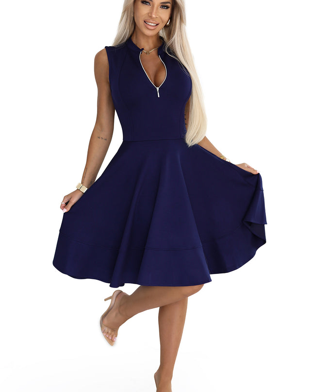 20376-6-Exklusives Kleid mit ausgestelltem Saum und goldenem Reißverschluss - Marineblau-6