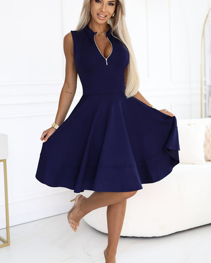 20376-4-Exklusives Kleid mit ausgestelltem Saum und goldenem Reißverschluss - Marineblau-4