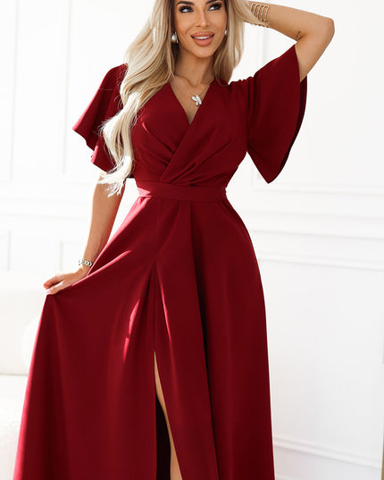 19885-6-JENNIFER langes Kleid mit Beinschlitz, Ärmeln und Ausschnitt - burgunderfarben-6