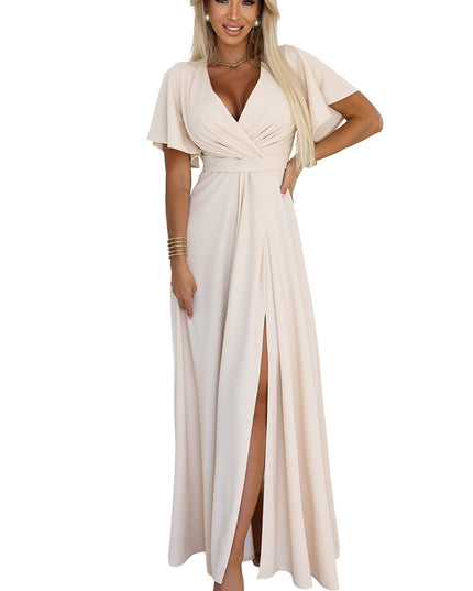 20721-7-JENNIFER langes Kleid mit Beinschlitz, Ärmeln und Ausschnitt - beige-7