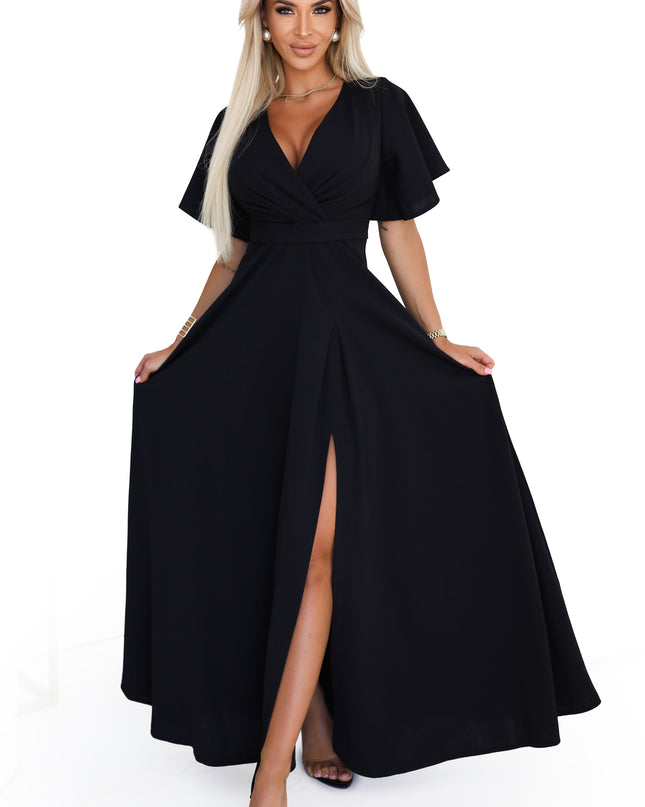 20755-8-JENNIFER langes Kleid mit Beinschlitz, Ärmeln und Ausschnitt - schwarz-8