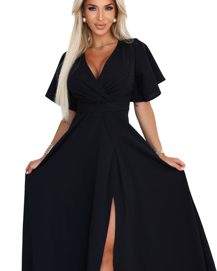 20755-9-JENNIFER langes Kleid mit Beinschlitz, Ärmeln und Ausschnitt - schwarz-9