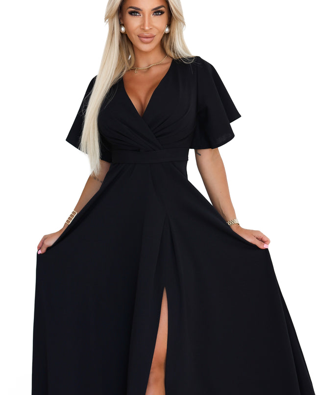 20755-9-JENNIFER langes Kleid mit Beinschlitz, Ärmeln und Ausschnitt - schwarz-9