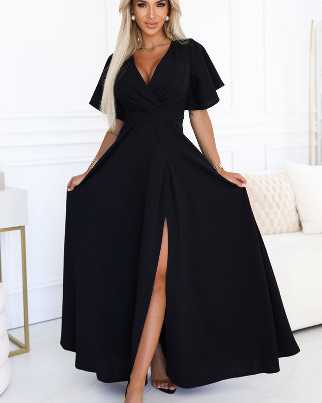 20755-1-JENNIFER langes Kleid mit Beinschlitz, Ärmeln und Ausschnitt - schwarz-1