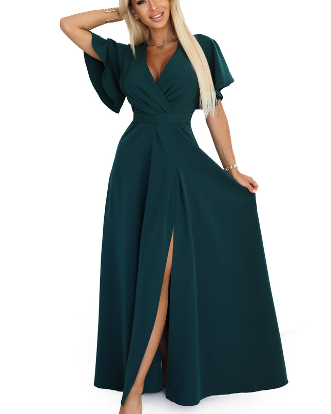 20802-10-JENNIFER langes Kleid mit Beinschlitz, Ärmeln und Ausschnitt - flaschengrün-10