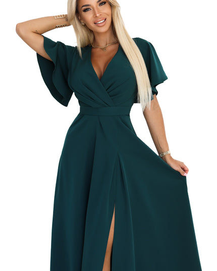 20802-9-JENNIFER langes Kleid mit Beinschlitz, Ärmeln und Ausschnitt - flaschengrün-9