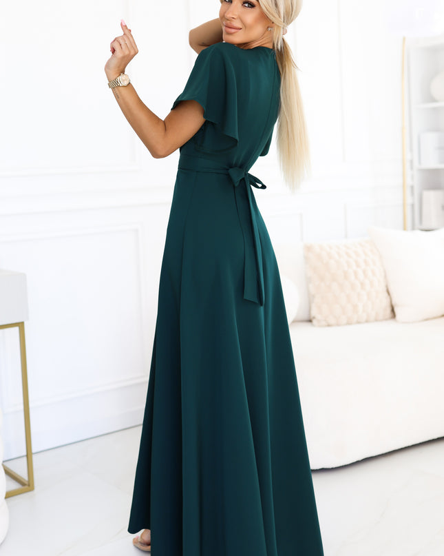 20802-2-JENNIFER langes Kleid mit Beinschlitz, Ärmeln und Ausschnitt - flaschengrün-2