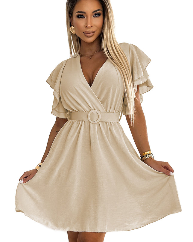 20034-6-Damenkleid mit Umschlagausschnitt, Ärmeln und Gürtel - beige-6