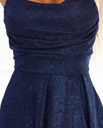 Langes Kleid mit dezentem Schimmer und Korsett-Rückenband – Marineblau mit Glitzer by numoco